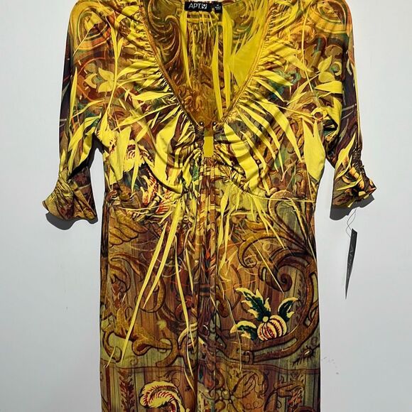 APT 9 Womens Yellow Browns Paisley Scoop Neck Short Sleeve Mini Dress Medium NWT - Picture 1 of 7